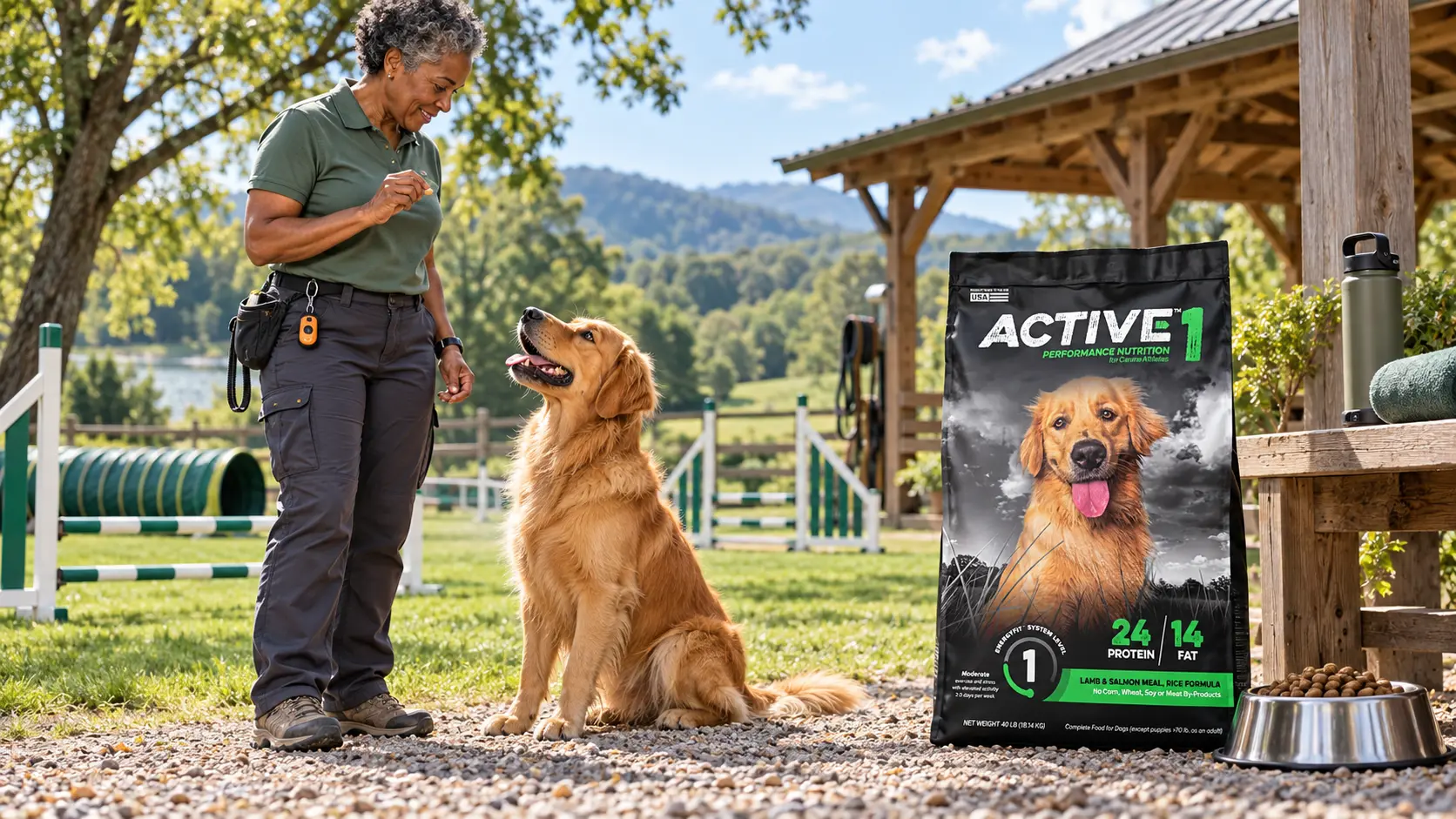 Trainer with a golden retriever on an agility field beside a bag of ACTIVE 1
