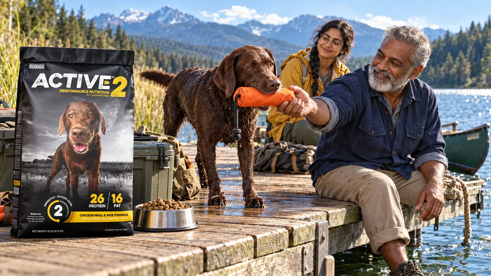 Wet chocolate labrador bringing back a dummy on a lake dock beside a bag of ACTIVE 2