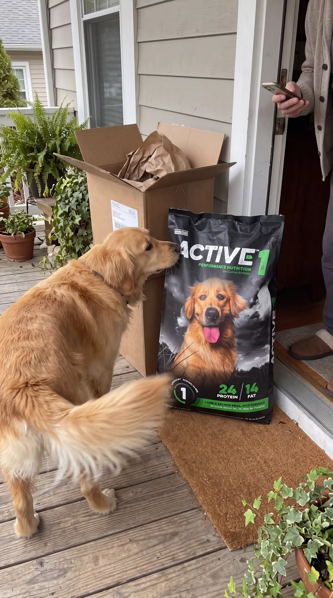 Golden retriever sniffing a bag of dog food on a front porch