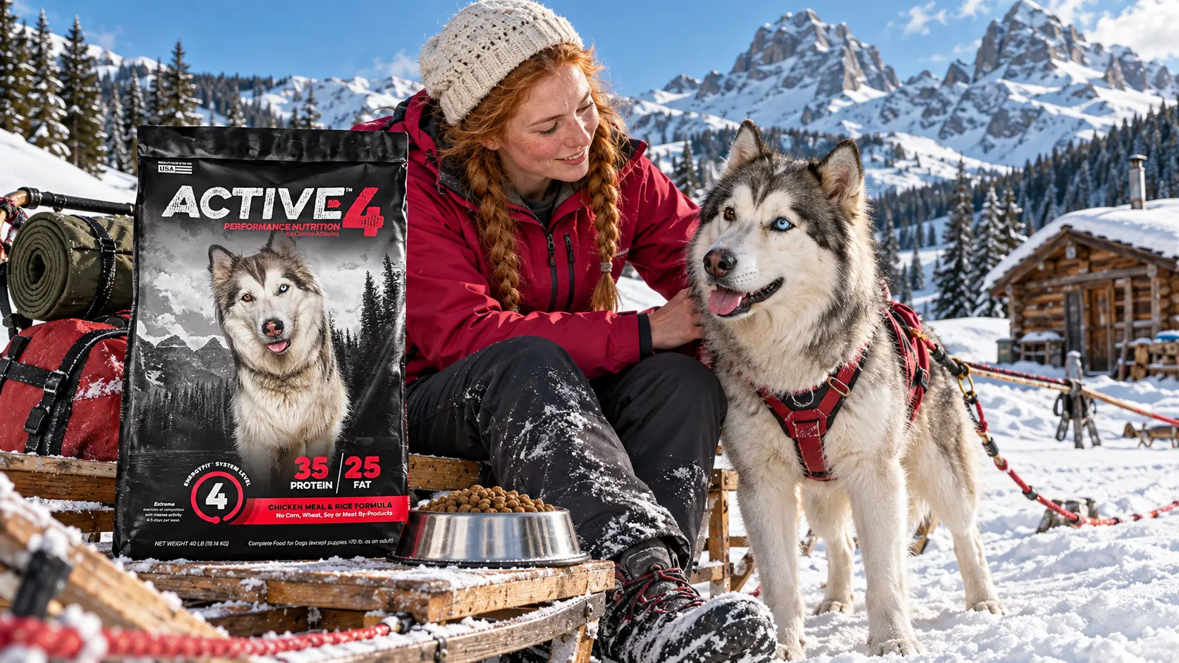 Musher with a husky in harness in the mountains beside a bag of ACTIVE 4