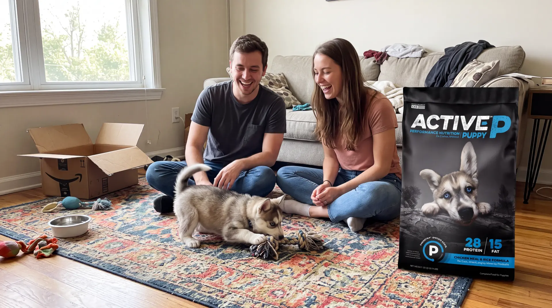 Young couple laughing on a living room rug while a husky puppy plays with a rope toy