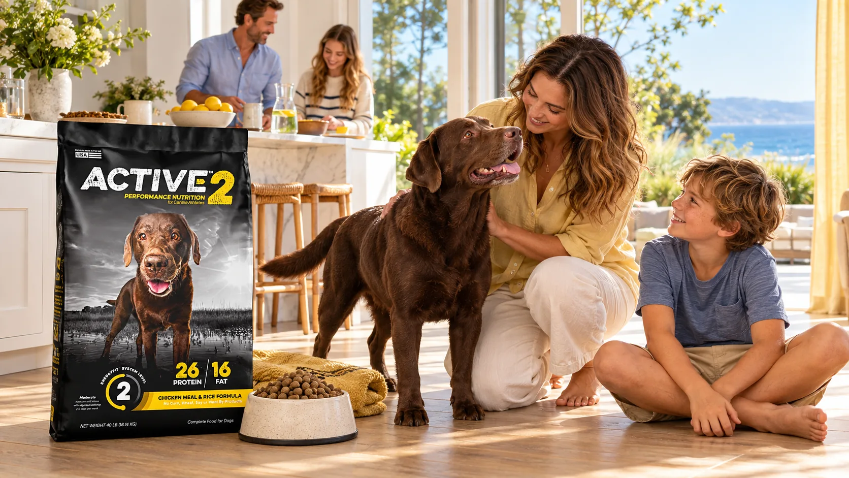 Family in a sunny kitchen with a chocolate labrador beside a bag of ACTIVE 2