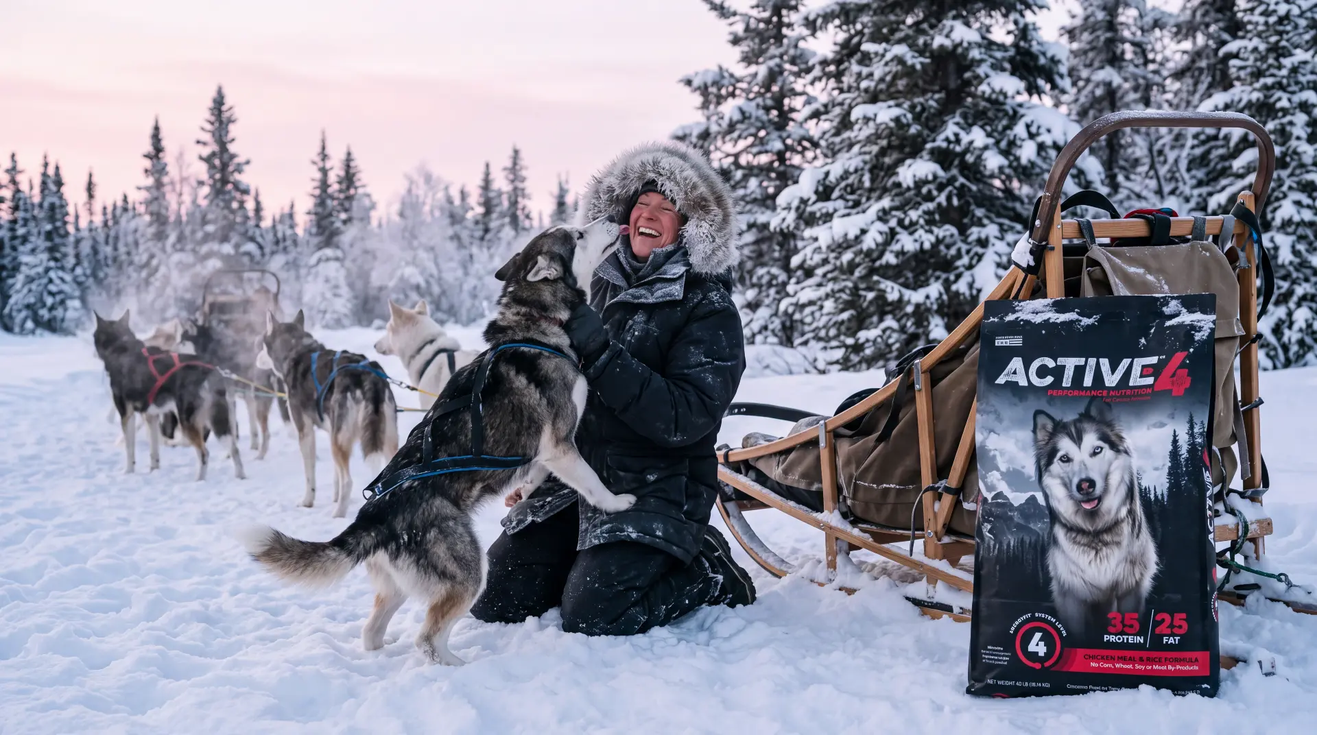 Musher laughing as a sled dog jumps up to greet her in the snow
