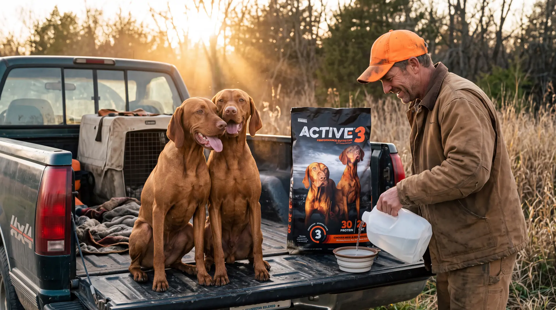 Two vizslas on a pickup tailgate while a hunter pours water into a bowl
