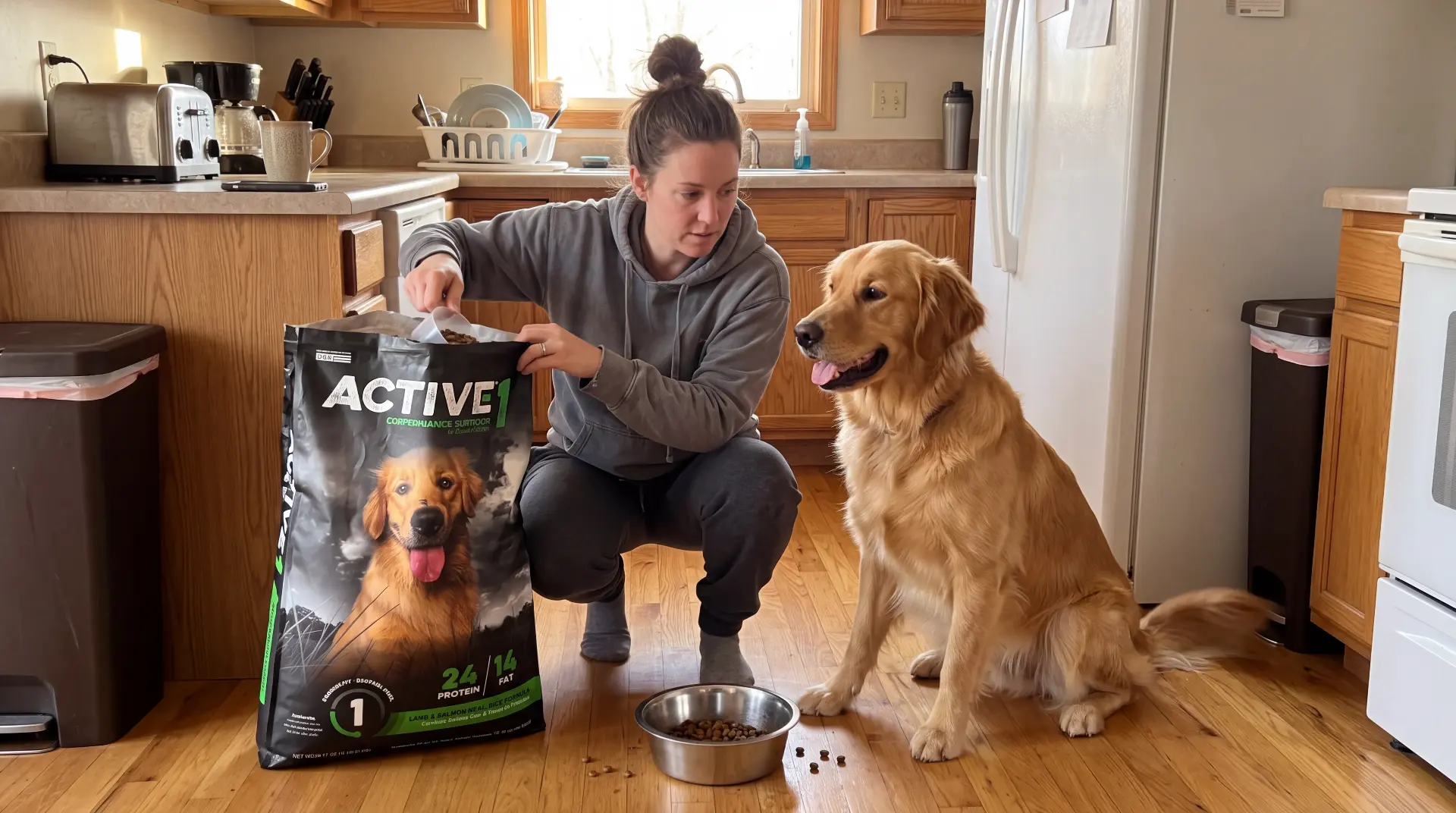 Woman scooping dog food in a kitchen while a golden retriever waits
