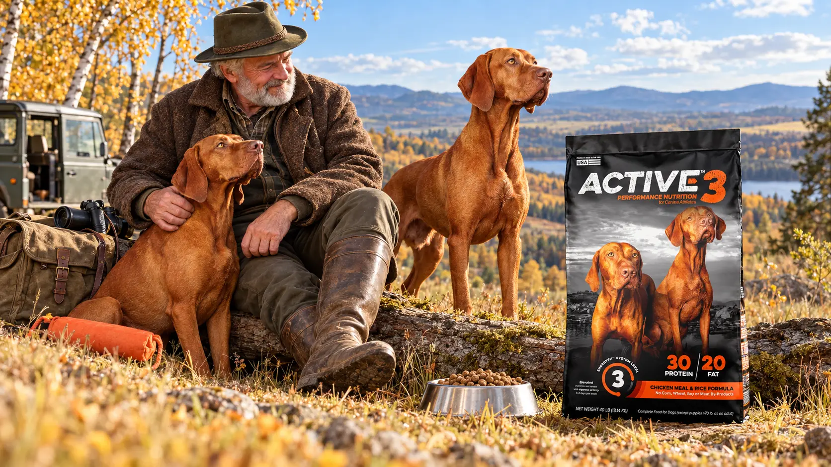 Hunter with two vizslas on an autumn hillside beside a bag of ACTIVE 3