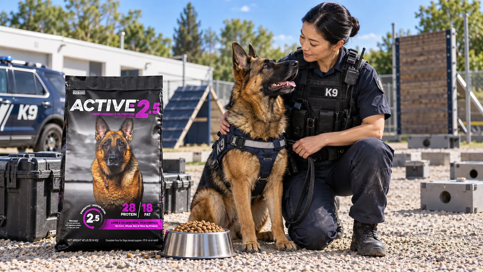 K9 handler kneeling with a German shepherd beside a bag of ACTIVE 2.5